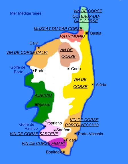 carte des régions viticoles de Corse